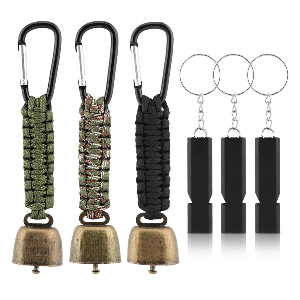 3 Aluminum Bear Bells and 3 Emergency Whistles for Hiking – 6 Outdoor Safety Gear Set